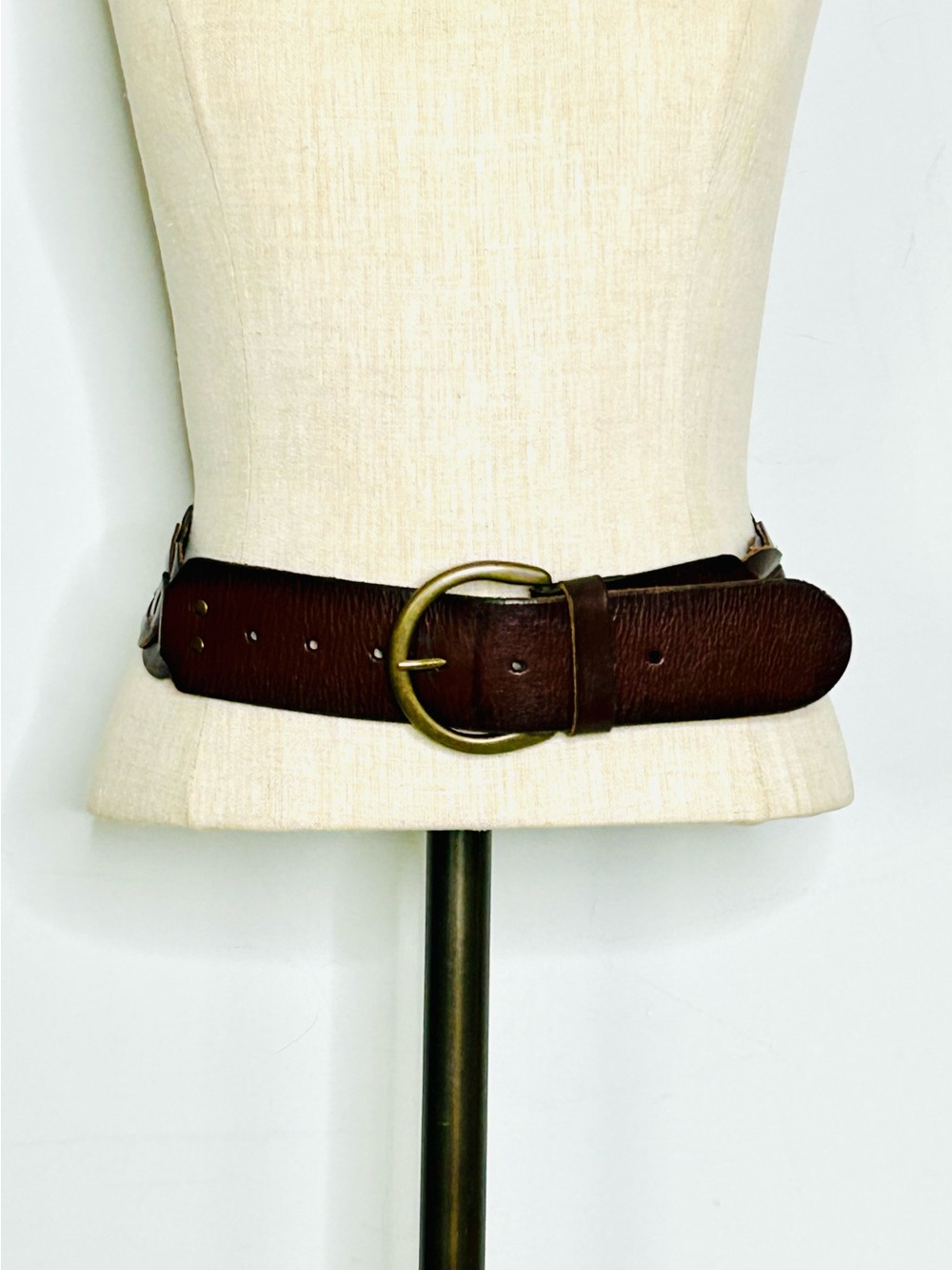 American Eagle Brown Leather Boho Woven Belt Brass Buckle ~40” Long - Picture 7 of 13